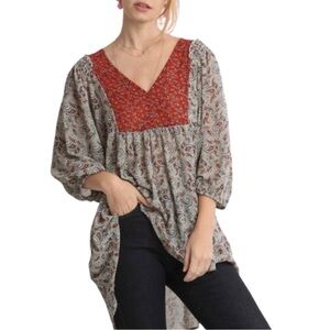 UMGEE CHIFFON MIXED PRINT HIGH LOW TUNIC TOP